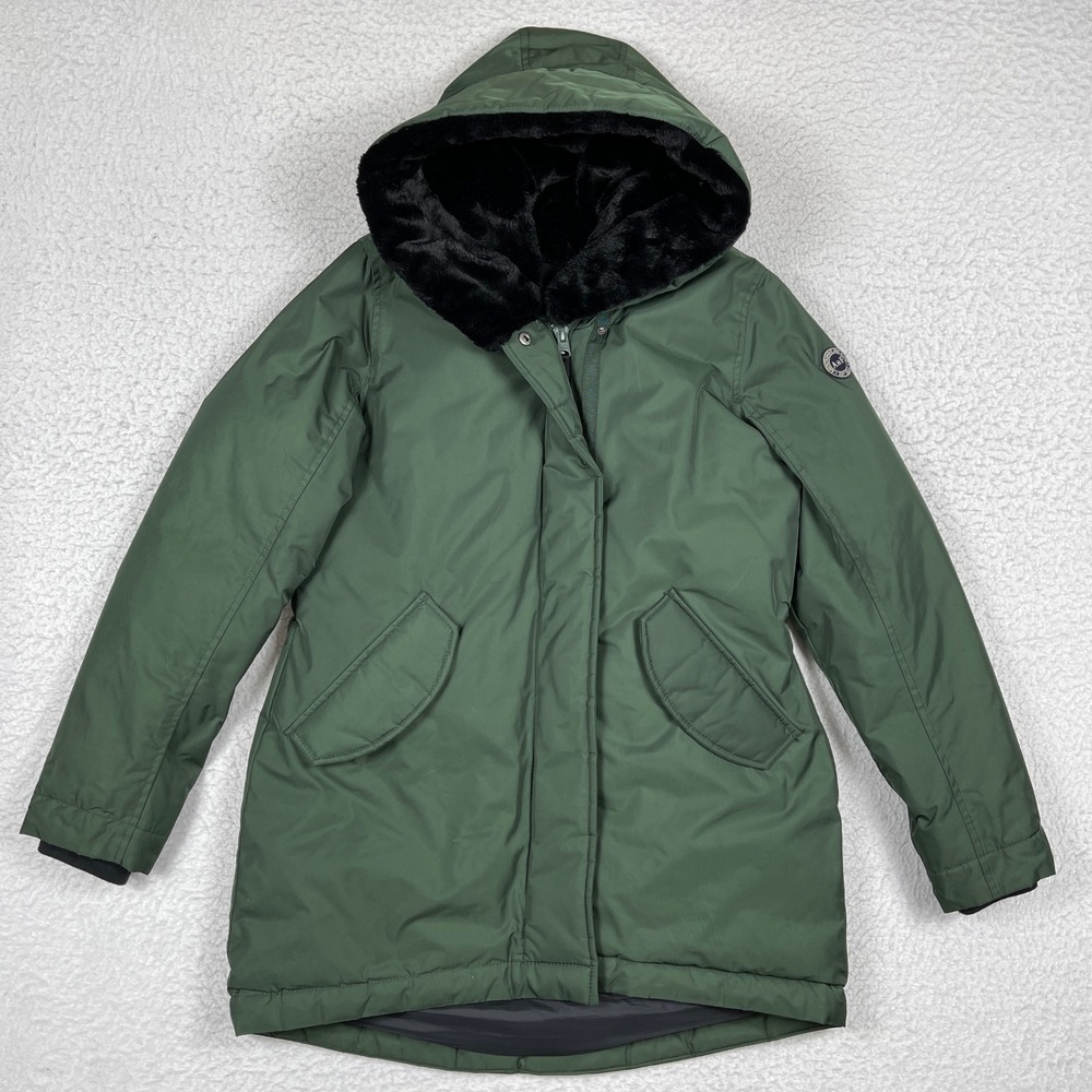 Abercrombie & Fitch Parka Jacket Womens Medium Green Faux Fur Hood Winter Coat
